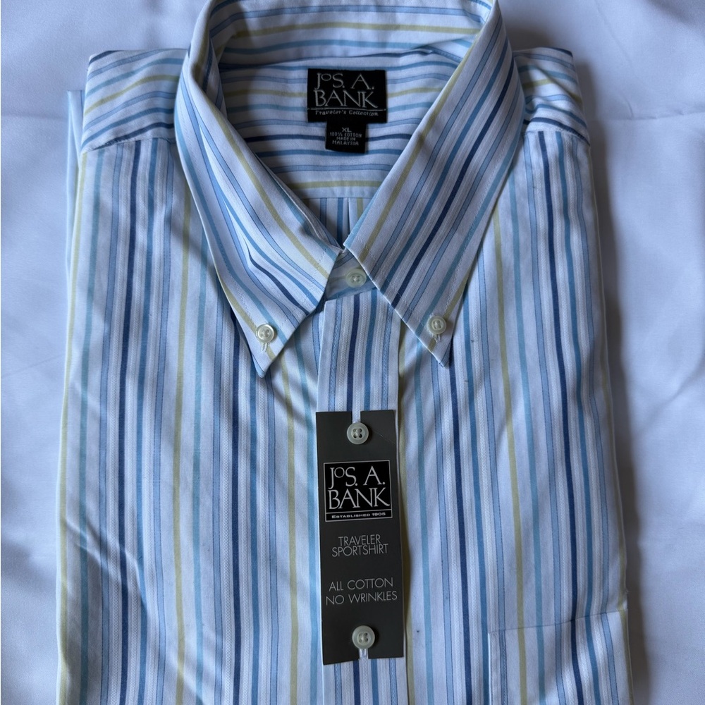 Jos. A. Bank Blue, White & Pale Green Striped Button-Down Shirt